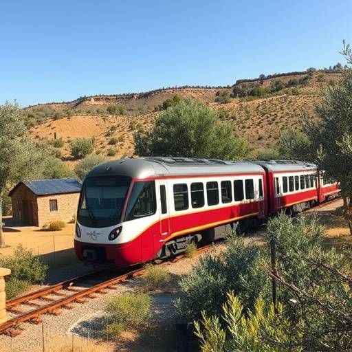Tren Al Andalus atravesando un campo de olivos en Andaluc&iacute;a